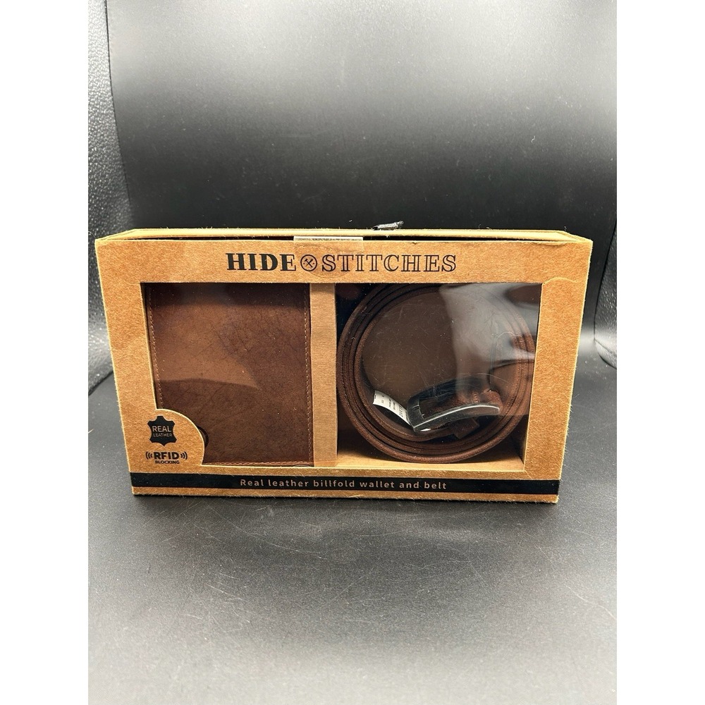 Hide & Stitches Mens Leather Wallet & Belt Gift Set NIB Brown RFID Waist 30-34